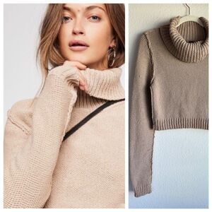 Free People Womens Solar Eclipse Cowl Neck Exposed Seams Pullover Sweater in Tan